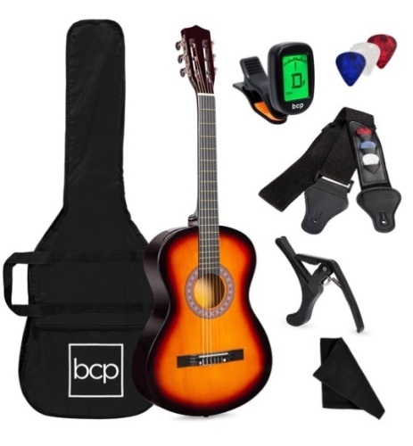 Beginner Acoustic Guitar Set w/ Case, Strap, Digital Tuner, Strings - 38in, Sunburst - Lot 470