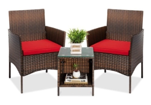 3-Piece Outdoor Patio Wicker Bistro Set w/ Side Storage Table, Brown/Red - Lot 471