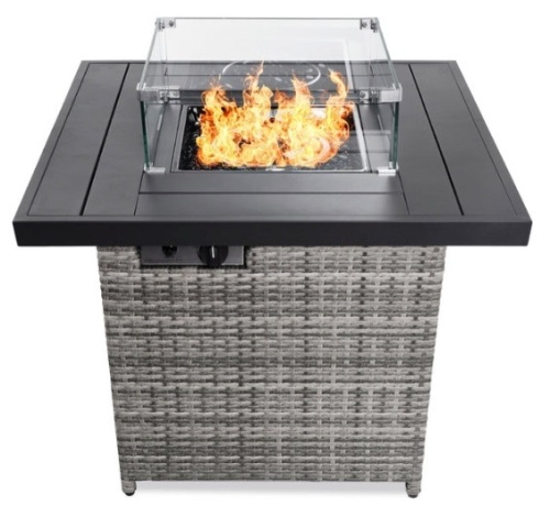 32in Fire Pit Table 50,000 BTU Wicker Propane w/ Wind Guard, Cover, Ash Gray - Lot 472