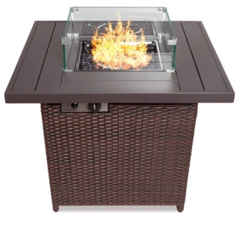 32in Fire Pit Table 50,000 BTU Wicker Propane w/ Wind Guard, Cover, Brown - Lot 473