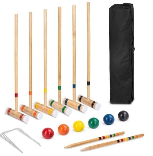 6-Player Wood Croquet Set w/ 6 Mallets, 6 Balls, Wickets, Stakes, Bag - 32in - Lot 482