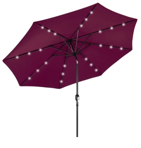 Solar LED Lighted Patio Umbrella w/ Tilt Adjustment, UV-Resistance - 10ft, Burgundy - Lot 502