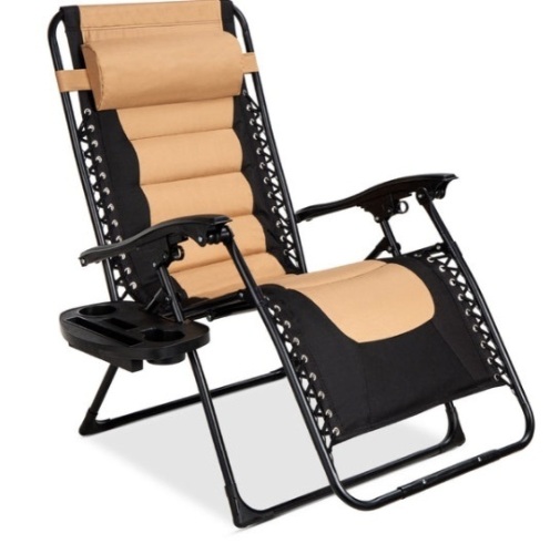Oversized Padded Zero Gravity Chair, Folding Recliner w/ Headrest, Side Tray, Tan/Black - Lot 505