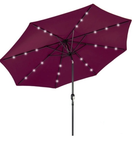Solar LED Lighted Patio Umbrella w/ Tilt Adjustment, UV-Resistance - 10ft, Burgundy - Lot 506