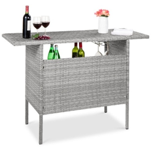 Outdoor Wicker Bar Counter Table w/ 2 Steel Shelves, 2 Rails, Gray - Lot 507