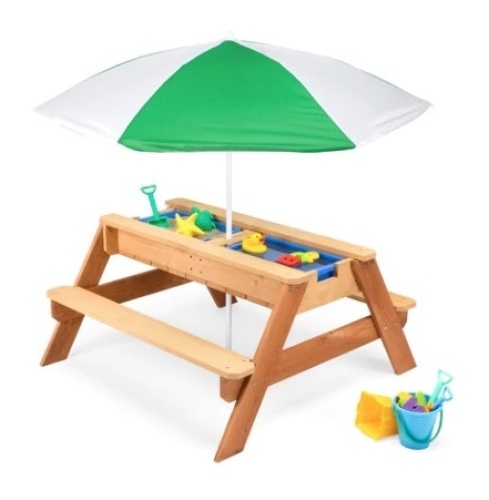 3-in-1 Kids Sand & Water Table Outdoor Wood Picnic Table w/ Umbrella, Green - Lot 719