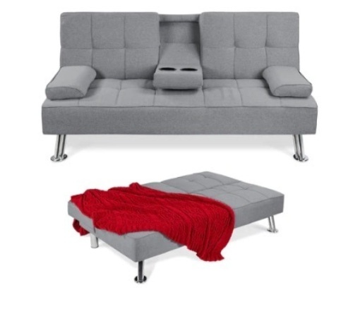 Linen Upholstered Convertible Sofa Bed Futon, Gray - Lot 516