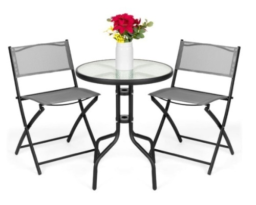 3-Piece Bistro Set w/ Glass Table, 2 Foldable Chairs, Gray - Lot 520