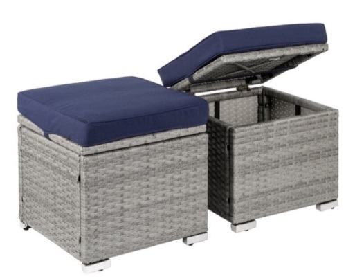Set of 2 Wicker Ottomans, Multipurpose w/ Removable Cushions, Steel Frame, Gray/Navy - Lot 525