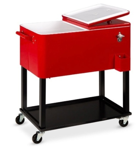 Portable Rolling Cooler Cart w/ Bottle Opener, Catch Tray - 80qt, Red - Lot 527