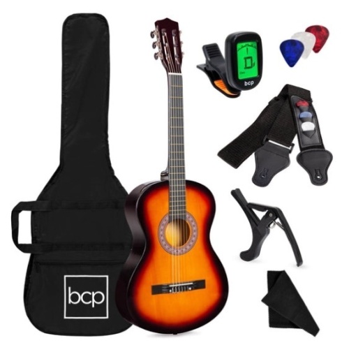 Beginner Acoustic Guitar Set w/ Case, Strap, Digital Tuner, Strings - 38in, Sunburst - Lot 530