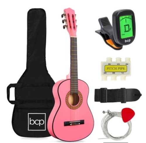 Kids Acoustic Guitar Beginner Starter Kit with Carrying Case - 30in, Pink - Lot 532