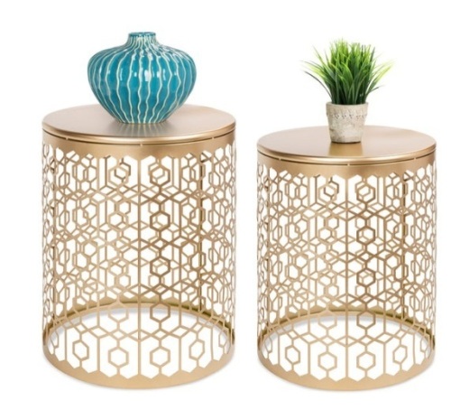 Set of 2 Decorative Round Side Accent Table Nightstands w/ Nesting Design, Gold - Lot 536