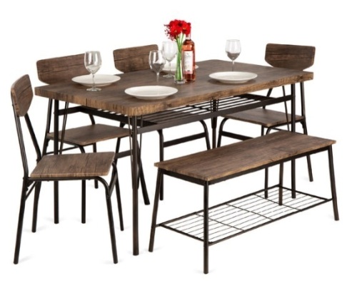 6-Piece Modern Dining Set w/ Storage Racks, Table, Bench, 4 Chairs - 55in - Lot 624