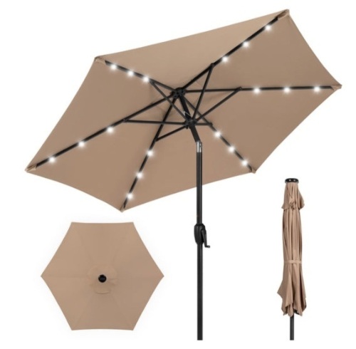 Outdoor Solar Patio Umbrella w/ Push Button Tilt, Crank Lift - 7.5ft, Tan - Lot 626