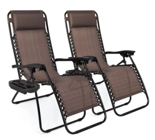 Set of 2 Adjustable Zero Gravity Patio Chair Recliners w/ Cup Holders, Brown - Lot 631
