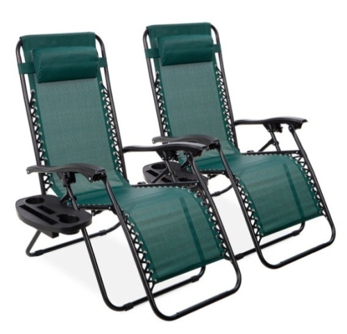 Set of 2 Adjustable Zero Gravity Patio Chair Recliners w/ Cup Holders, Forest Green - Lot 632