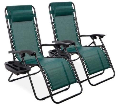Set of 2 Adjustable Zero Gravity Patio Chair Recliners w/ Cup Holders, Forest Green - Lot 639