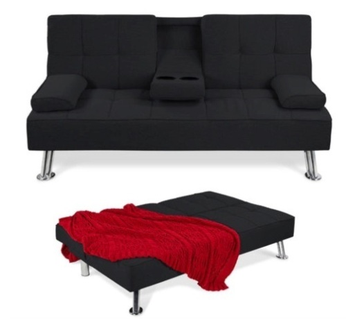 Linen Upholstered Convertible Sofa Bed Futon w/ 2 Cupholders, Black - Lot 644
