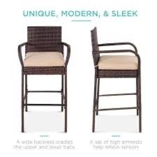 Set of 2 Indoor Outdoor Wicker Bar Stools w/ Cushion, Footrests, Armrests - Lot 15