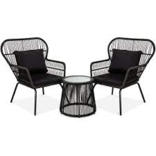 3-Piece Patio Wicker Conversation Bistro Set w/ 2 Chairs, Glass Top Table - Lot 158