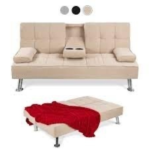Linen Upholstered Convertible Sofa Bed Futon w/ 2 Cupholders - Lot 198