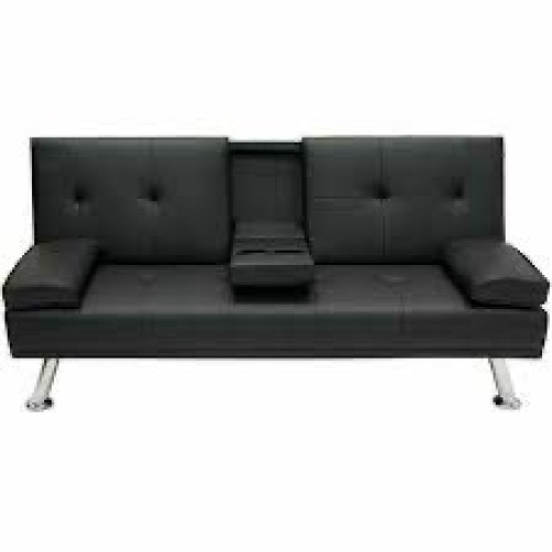 Faux Leather Upholstered Convertible Sofa Bed Futon w/ 2 Cupholders - Lot 200