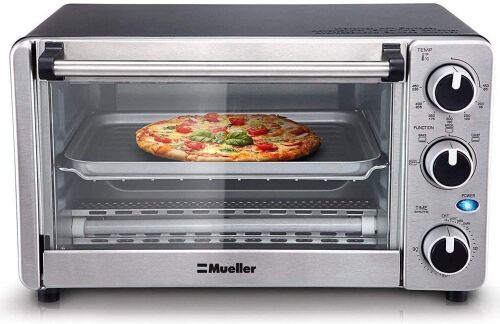 Toaster Oven 4 Slice, Multi-function Stainless Steel Finish with Timer - Toast - Bake - Broil Settings, Natural Convection - 1100 Watts of Power, Includes Baking Pan and Rack by Mueller