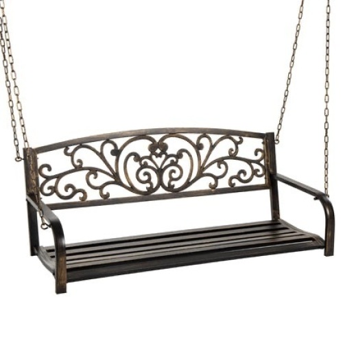 2-Person Metal Outdoor Porch Swing w/ Floral Accent, 485lb Weight Capacity 