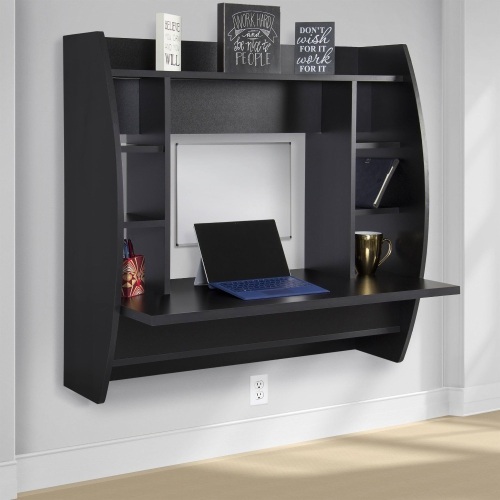 Wall Mount Floating Computer Desk With Storage Shelves Home Work Station Black