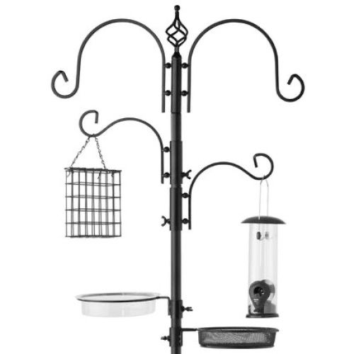 4-Hook Bird Feeding Station, Steel Feeder Stand w/ 2 Bird Feeders - 91in 