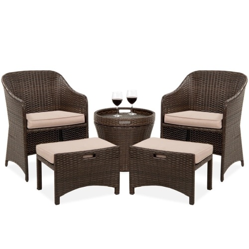 5-Piece Outdoor Wicker Bistro Set w/ Side Storage Table, No Assembly 