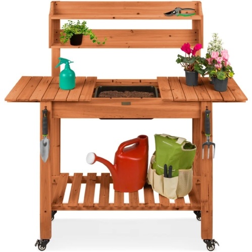 Pre-Stained Wood Garden Potting Bench w/ Sliding Tabletop, Dry Sink, Wheels 