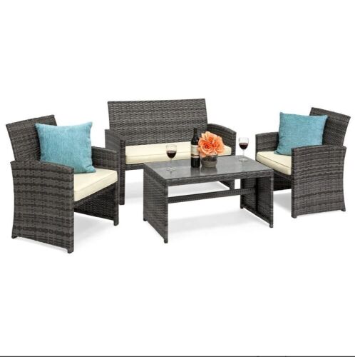 4-Piece Outdoor Wicker Conversation Patio Set w/ 4 Seats, Glass Table Top