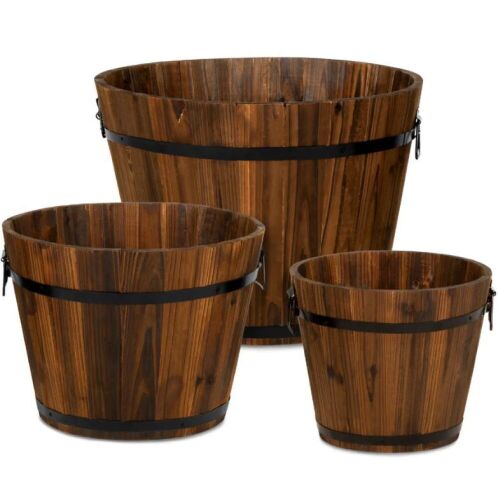 Set of 3 Rustic Wood Bucket Barrel Garden Planters Set w/ Drainage Holes