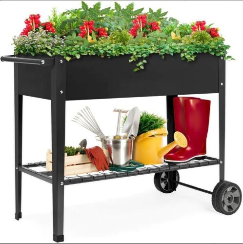 Elevated Metal Garden Bed for Backyard w/ Wheels, Shelf