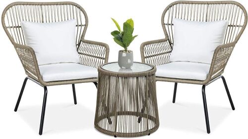 3-Piece Patio Wicker Conversation Bistro Set w/ 2 Chairs, Glass Top Table
