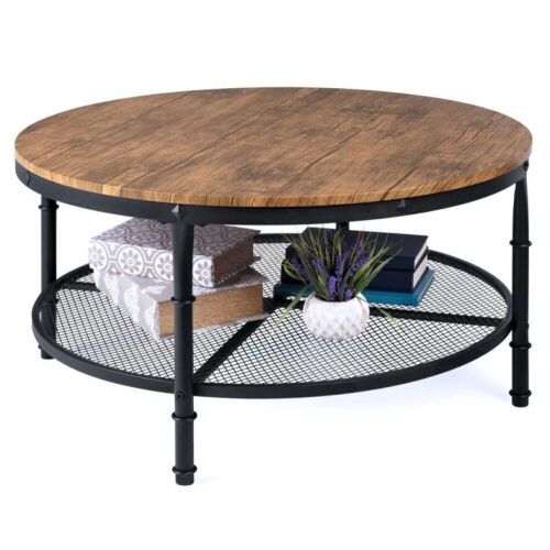 2-Tier Round Industrial Wood & Steel Coffee Table, Storage Shelves - 35.5in