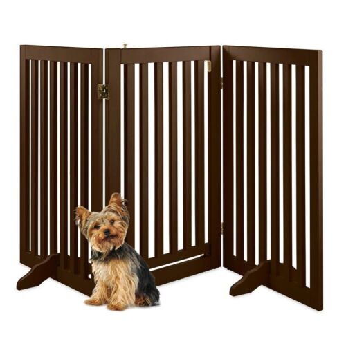 31.5in 3-Panel Freestanding Wooden Pet Gate w/ Door, Support Feet