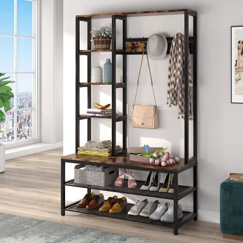 TIYASE 4-in-1 Hall Tree Coat Rack with Side Storage Shelves and Shoe Storage
