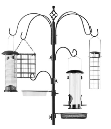 Bird Feeding Station, 6-Hook Steel Multi-Feeder Stand w/ 4 Feeders - 89in, Appears New - Lot 205