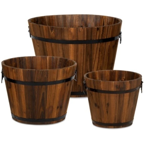 Set of 3 Rustic Wood Bucket Barrel Garden Planters Set w/ Drainage Holes, Appears New - Lot 221