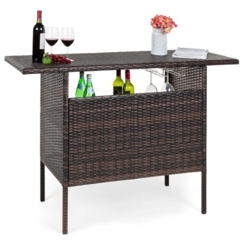Outdoor Wicker Bar Counter Table w/ 2 Steel Shelves, 2 Rails, Appears New - Lot 234