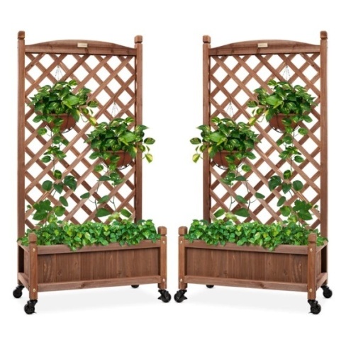 Set of 2 Wood Planter Box & Lattice Trellis w/ Optional Wheels - 48in, Appears New - Lot 171