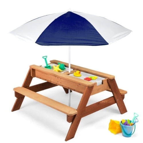 3-in-1 Kids Sand & Water Table Outdoor Wood Picnic Table w/ Umbrella, Appears New - Lot 185