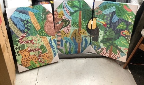 Motley Hill Hand Drawn Colorful Abstract Jungle Animal Wall Art, 3 Piece Set, Appears New - Lot 276