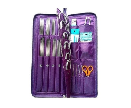 104Pcs Stainless Steel Knitting Tool Set with Leather Sheath Straight Circular Knitting Needles Crochet Hook Weave Yarn Kits, Appears New - Lot 162