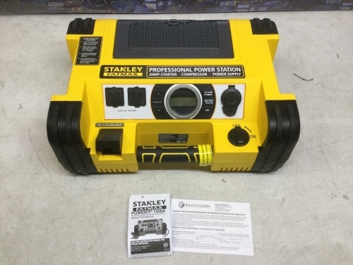 STANLEY FATMAX PPRH7DS Professional Power Station Jump Starter: 1400 Peak/700 Instant Amps, 500W Inverter, 120 PSI Air Compressor, USB Port, Battery Clamps - Appears New, Powers On Not Tested Further  - Lot 385