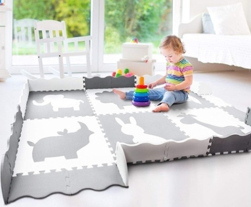 Wee Giggles Large Baby Play Mat with Fence, 5′ x 7′, Grey/White - Appears New   - Lot 566