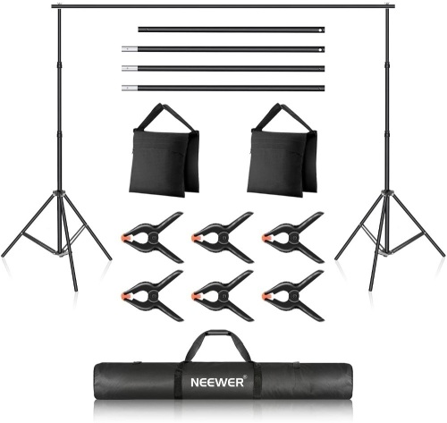 Neewer Photo Studio Backdrop Support System, 10ft Wide 6.6ft High Adjustable Background Stand with 4 Crossbars, 6 Backdrop Clamps, 2 Sandbags, and Carrying Bag - Appears New   - Lot 852